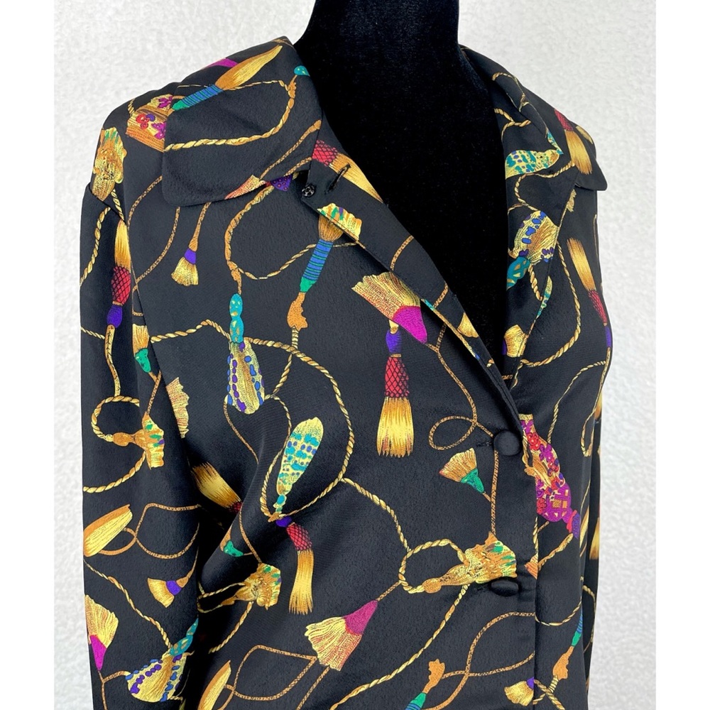(VTG) CHRISTIE & JILL • Black Tassel Print Long Sleeve Blouse, 8 - Picture 5 of 15